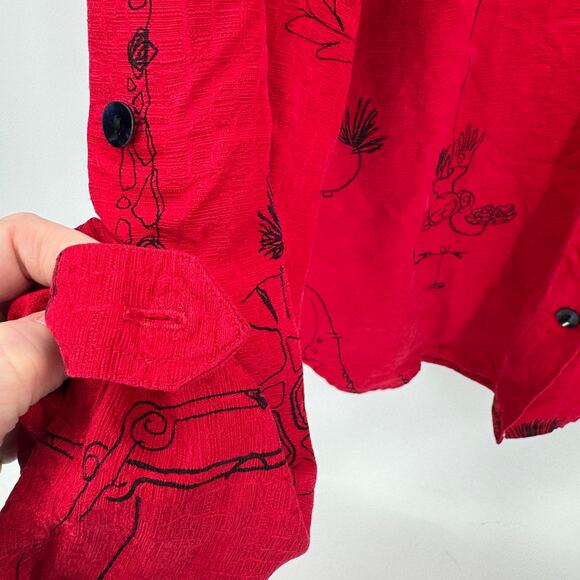 Chico's Blouse Womens XL Red Silk Button Up Roll Tab Sleeve Safari Theme Artsy - Picture 4 of 10